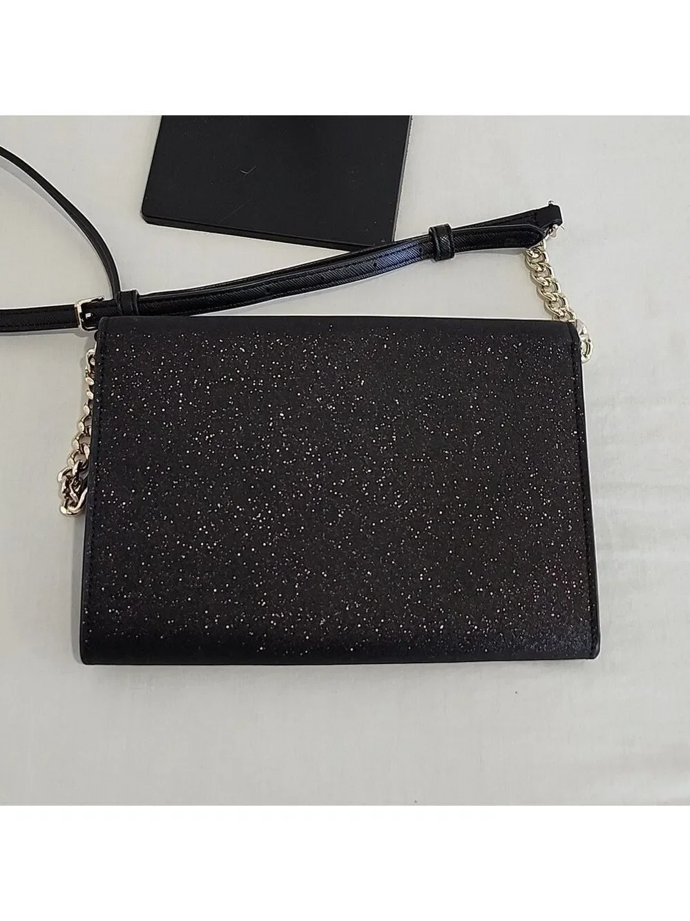 Kate Spade New York Tinsel Flap Crossbody Bag Black Glitter Removeable Strap